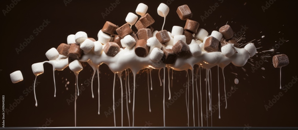 Poster chocolate coated marshmallows with drizzled syrup creating a dynamic and appetizing visual effect in