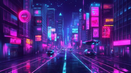 Fototapeta premium Futuristic Cityscape at Night with Neon Glow
