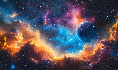 Nebula and Starfield Overlapping Planets, A dreamy abstract background where colorful nebulae overlap with distant planets