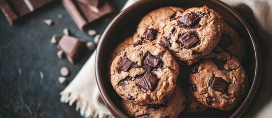 Fototapeta premium Delicious assortment of chocolate chip cookies and decadent truffles in rustic bowl perfect for dessert lovers and indulgent treats