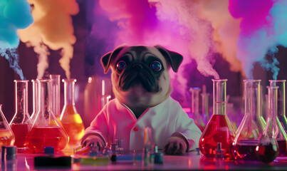 A pug in a lab coat conducts experiments among colorful beakers and smoke.