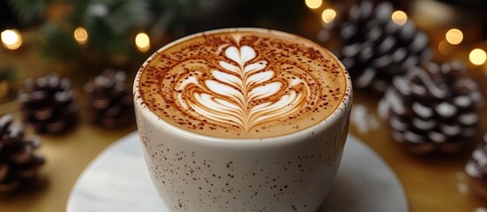 Latte art in a cozy holiday setting with seasonal decorations and pinecones creating a festive atmosphere for coffee lovers