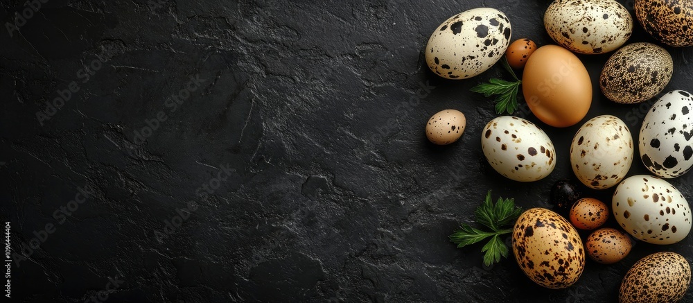 Poster quail eggs in varied sizes arranged on a textured black background with fresh greens for a rustic cu