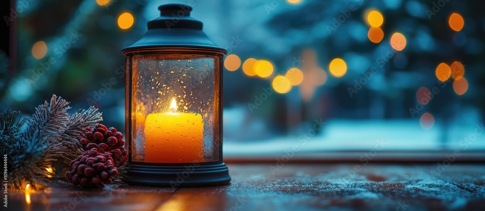 Aufkleber candle lantern glowing softly in winter setting with festive bokeh lights and detailed foreground el