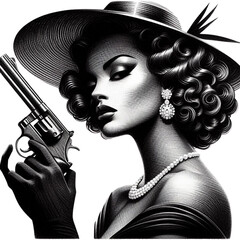 A glamorous woman dressed elegantly, holding a revolver, exuding vintage charm with a femme fatale theme. She was created in a scratchboard style, resembling a black-and-white sketch engraving,