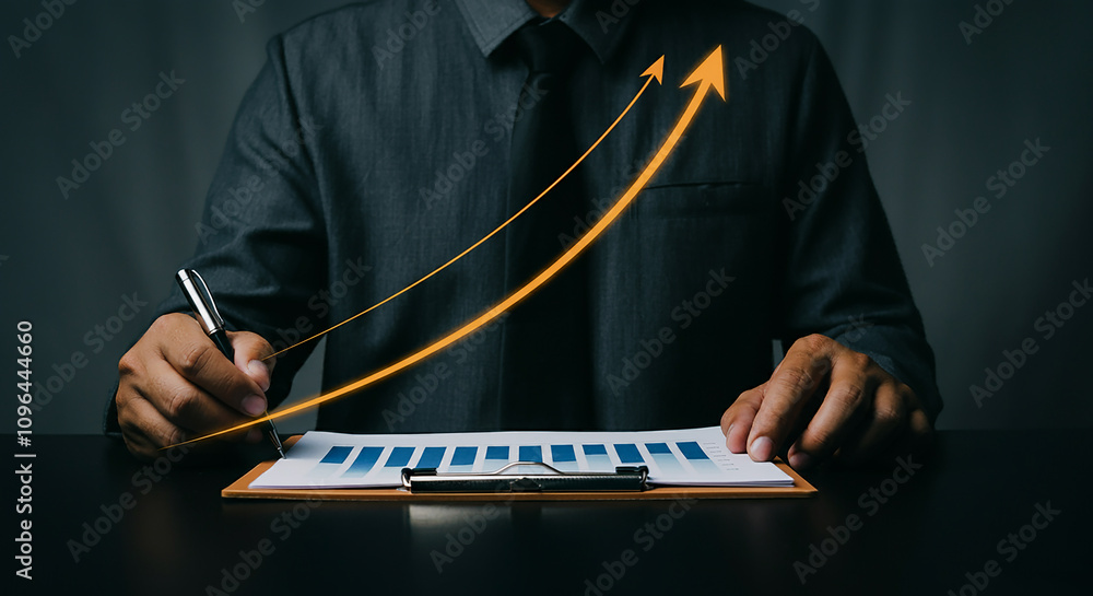 Poster increasing product or service quality and optimizing costs to boost productivity. a businessman with