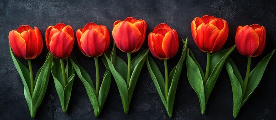 Fototapeta premium Colorful tulips arranged in a row on a dark background perfect for Easter and spring seasonal themes in floral design and decoration