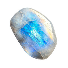 Top view of a hyperrealistic single uncut moonstone in an irregular shape isolated on a white transparent background