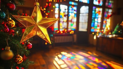 Naklejka premium A radiant golden Christmas star ornament hanging in a stained glass window, casting colorful patterns of light across a room filled with festive decorations.