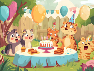 Obraz premium A cheerful animal birthday party with cake and decorations in a sunny garden.