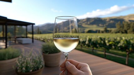 Obraz premium A hand raises a glass of white wine amidst the stunning vineyards of Tuscany, surrounded by mountains on a bright sunny day