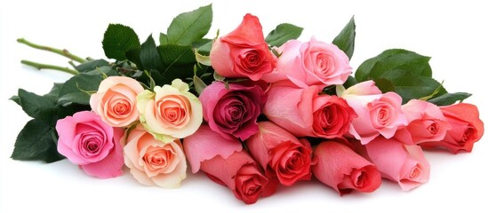 Naklejka premium Colorful bouquet of assorted roses arranged elegantly against a clean white background showcasing elegance and beauty in floral design
