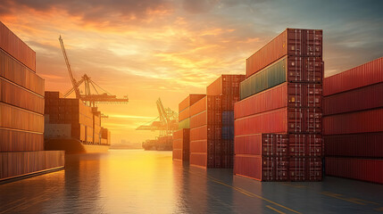 Golden Hour at the Shipping Port. Cargo Containers at Sunset