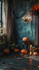 Obraz premium A cozy autumn scene with pumpkins, candles, and decorative elements for Halloween ambiance.