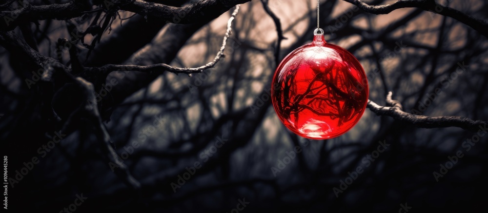Aufkleber red glass ornament hanging from tree branches in a dark forest setting creating a mysterious and fes