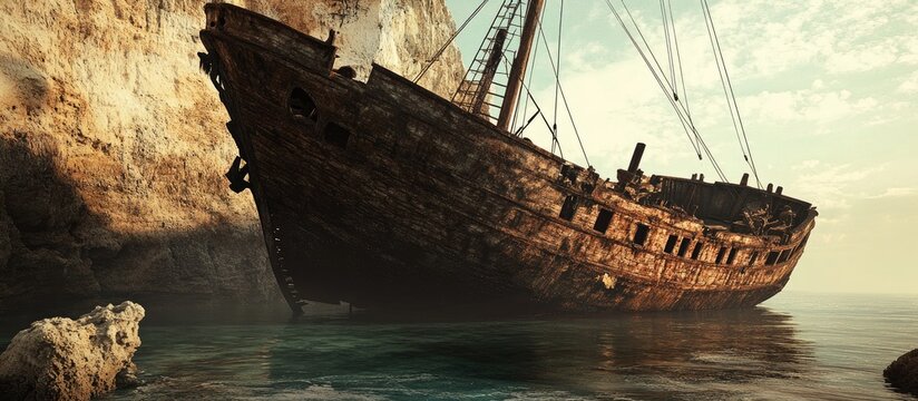 Rustic shipwreck at Navagio Beach surrounded by stunning cliffs and clear turquoise waters in a tranquil natural setting. - Powered by Adobe