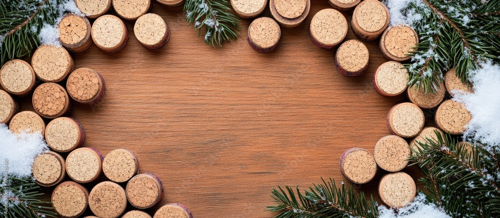 Poster new year frame crafted from wine corks with spruce branches and snow on a rustic wooden background i