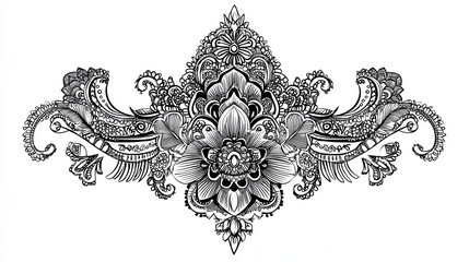 Black and White Intricate Floral Design with Detailed Petals and Swirls
