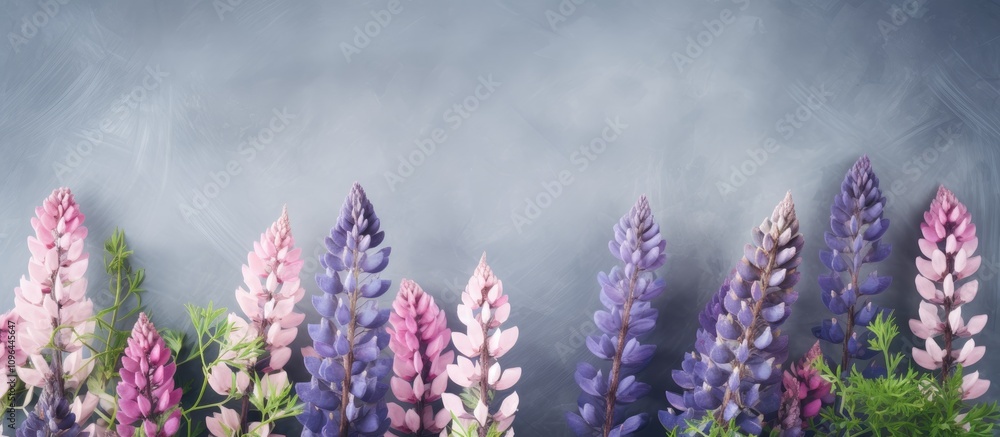 Poster lupine flower arrangement with pastel colors on gray backdrop creating a serene background with ampl