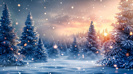 Naklejka premium Merry Christmas and Happy New Year Greeting: A winter landscape with snow and Christmas trees, perfect for holiday greetings and New Year celebrations.