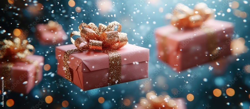Aufkleber festive gift boxes floating through a magical snowy background with soft bokeh lights creating a coz