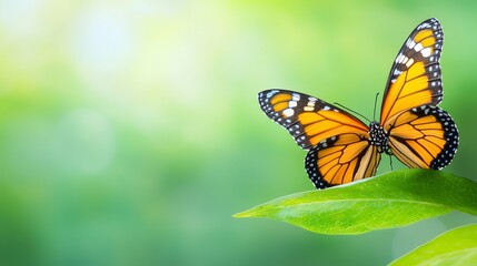Fototapeta premium a monarch butterfly perched atop a green leaf, its vibrant orange and black wings standing out against the blurred background