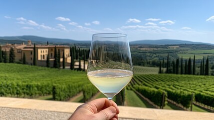 Obraz premium A hand raises a glass of white wine amidst the stunning vineyards of Tuscany, surrounded by mountains on a bright sunny day
