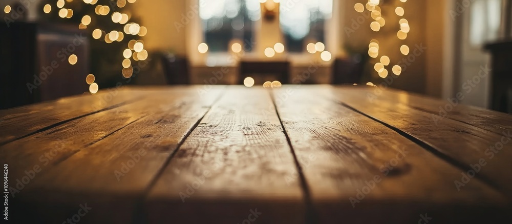 Poster Closeup of a rustic wooden table in a softly blurred cozy interior with warm bokeh lights creating a festive atmosphere.