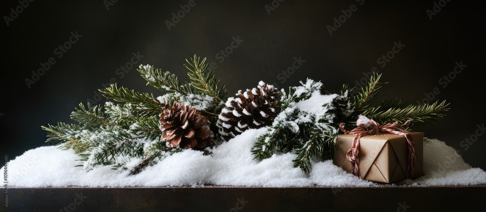 Poster warm christmas presents with pine branches and cones surrounded by snow on a dark background creatin