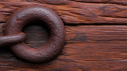  a close up of a rusty metal ring on a wooden surface The ring is round in shape and has a worn, aged look to it, indicating it has been exposed to the elements for