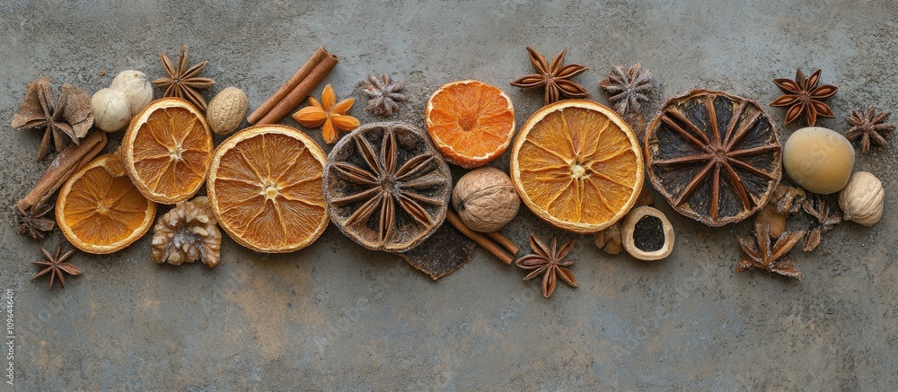 Poster christmas decor with dried oranges cinnamon anise and assorted nuts on a gray concrete background fl