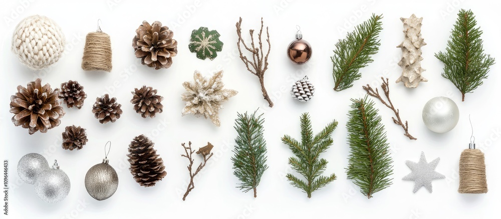 Poster christmas decorations and natural elements arranged on a white background creating a festive holiday