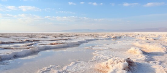 Fototapeta premium Chott el Djerid vast salt lake landscape showcasing natural and dehydrated salt textures under a clear blue sky