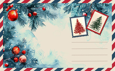 Christmas postcard, letter, mail, watercolor.	
