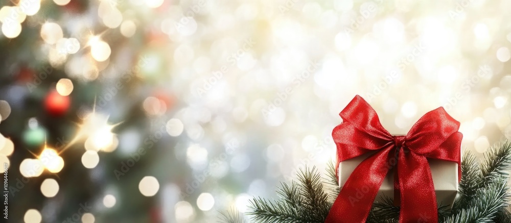 Poster elegant christmas gift box adorned with a red bow surrounded by a soft blurred festive background of