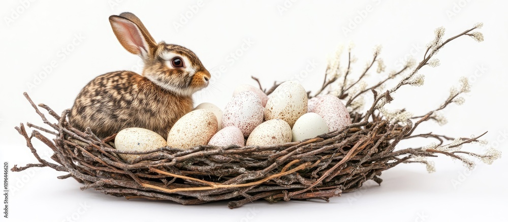 Poster easter nest with colorful eggs and a rabbit surrounded by willow branches on a plain white backgroun