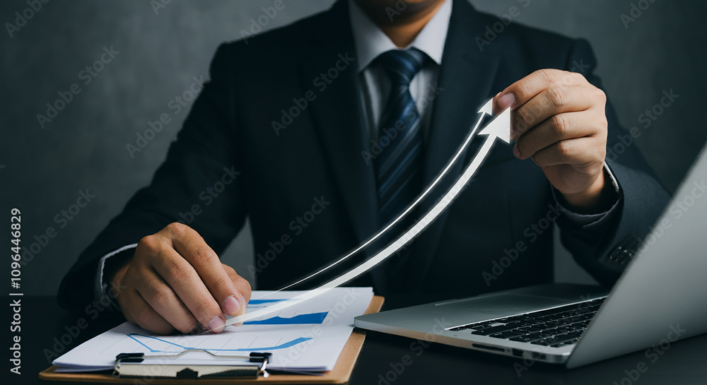 Poster increasing product or service quality and optimizing costs to boost productivity. a businessman with