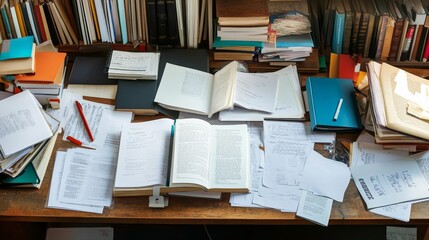High-Angle View of a Cluttered Desk with Open Books - A cluttered desk with open books, papers, and notebooks, symbolizing study, research, work, chaos, and knowledge.