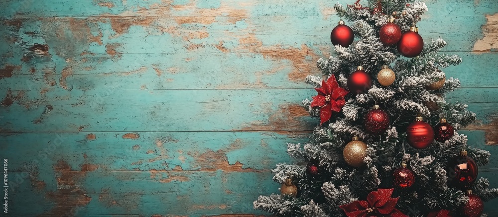 Aufkleber Christmas tree decorated with ornaments on rustic wooden background with ample space for text in flat lay style