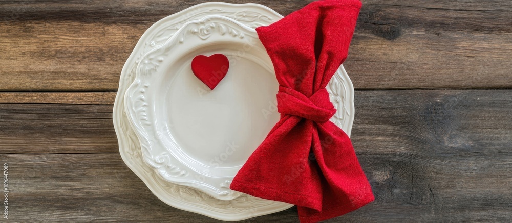 Aufkleber ceramic plate with decorative heart and red linen napkin arranged on rustic wooden background for ro