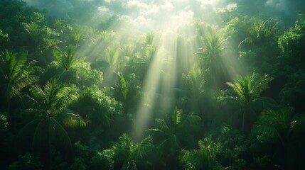 Obraz premium Sunlit Tropical Forest: A Lush Jungle Paradise Awakens