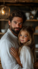 Fototapeta premium Tender Father and Daughter Embrace in Rustic Setting, Wearing Linen