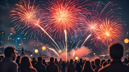Obraz premium fireworks are lit up in the sky above a crowd of people watching a fireworks display