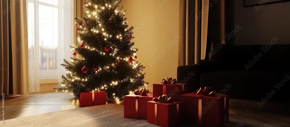 Poster scandinavian style christmas tree adorned with lights and red gift boxes elegantly arranged in a coz