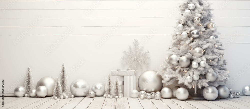 Aufkleber elegant silver christmas tree adorned with ornaments on a soft white wooden backdrop creating a sere