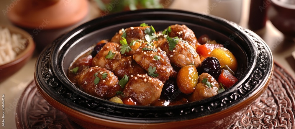 Poster chicken tagine with plums garnished with herbs served in a traditional pot on a rustic table setting