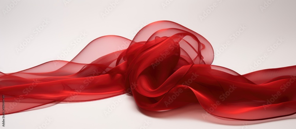Poster Elegant flowing red chiffon ribbon draped artistically on a soft background showcasing shimmering texture and vibrant color for design purposes