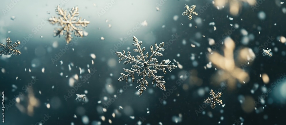 Poster falling snowflakes and shimmering stars create a magical winter background with a dreamy bokeh effec