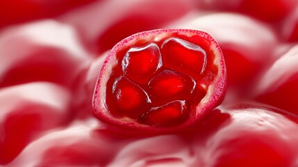 a close up of a pomegranate cut in half, revealing its juicy, ruby-red seeds