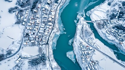 Aerial view of a winter landscape with a frozen river and charming snow-covered homes.